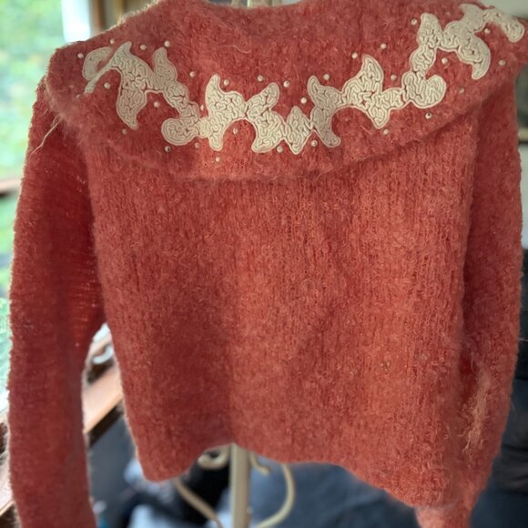 Ann Kelly Pinky Orange Cardigan - Stunning Appliqué & Beadwork Collar As Is - Picture 3 of 7